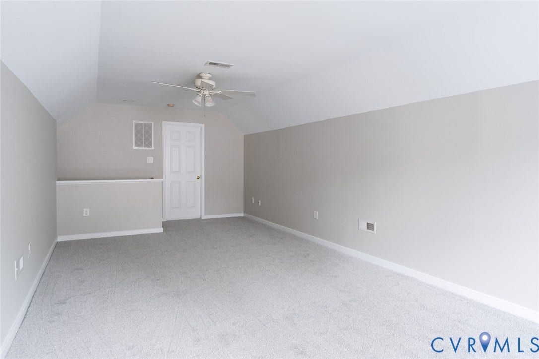 4805 Saddleridge Court, Saddleridge At Twin Hickory, Glen Allen, VA 23059 Third floor featuring sloped ceilings, a ceiling fan, and light gray wall paint