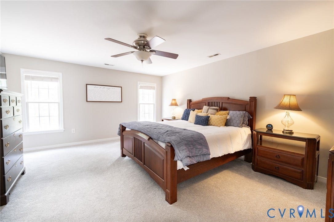 4805 Saddleridge Court, Saddleridge At Twin Hickory, Glen Allen, VA 23059 Spacious room featuring light-colored carpeting, multiple windows, a ceiling fan with integrated lighting, and neutral wall paint