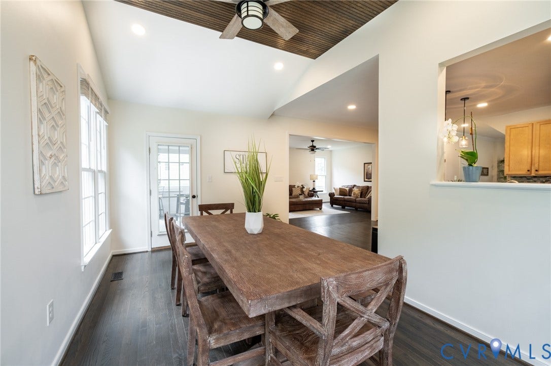 4805 Saddleridge Court, Saddleridge At Twin Hickory, Glen Allen, VA 23059 Dining area featuring vaulted ceilings with bead board accent, a ceiling fan with integrated lighting, wood flooring, a glass-paned door, and recessed lighting