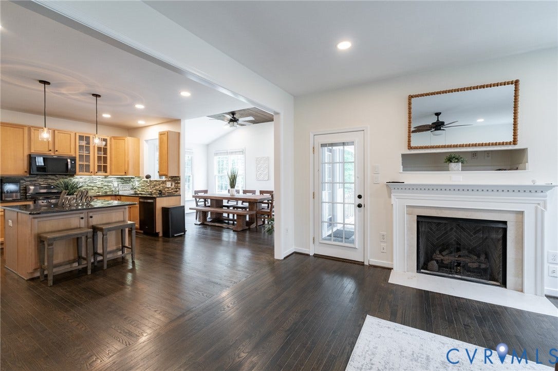 4805 Saddleridge Court, Saddleridge At Twin Hickory, Glen Allen, VA 23059 Open-concept living space with dark wood flooring, a white mantel fireplace, and a glass-paneled exterior door