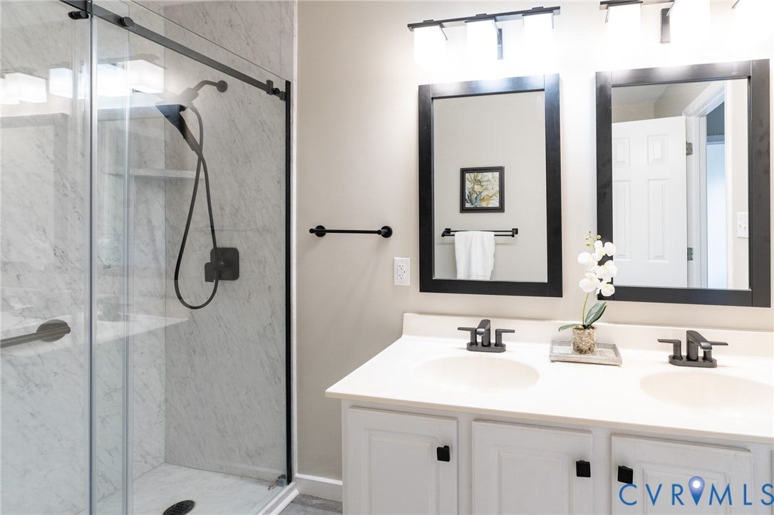 4805 Saddleridge Court, Saddleridge At Twin Hickory, Glen Allen, VA 23059 Modern hall bathroom featuring a dual vanity with white cabinetry and rectangular sinks