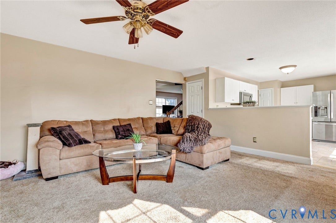 1601 Varina Station Court, Henrico, VA 23231 Carpeted living area with a ceiling fan and a half-wall partition