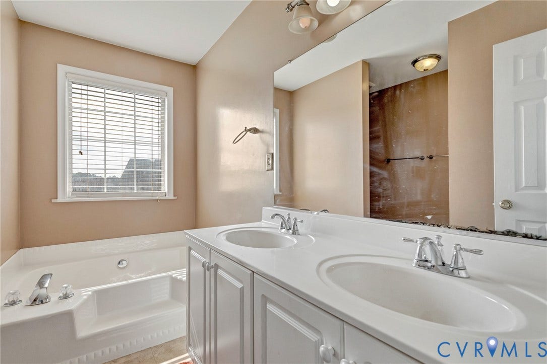 1601 Varina Station Court, Henrico, VA 23231 Dual vanity with integrated sinks, chrome fixtures, and white cabinetry