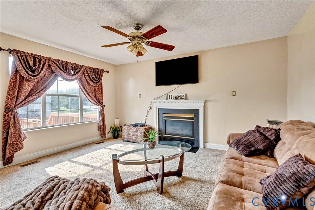 1601 Varina Station Court, Henrico, VA 23231 Carpeted living space featuring a window, built-in fireplace with white mantel, and ceiling fan