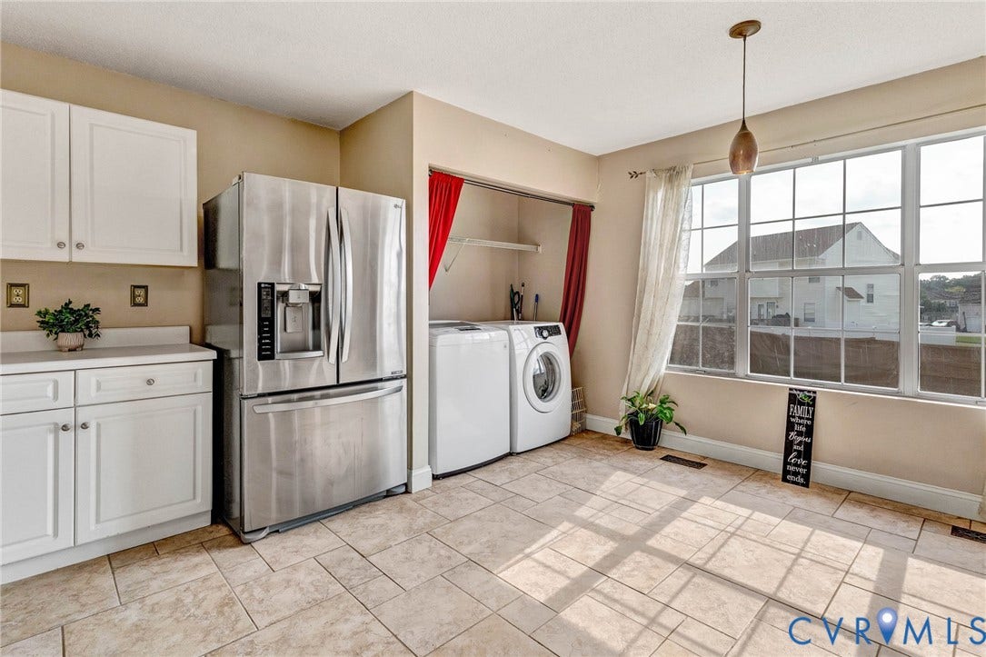 1601 Varina Station Court, Henrico, VA 23231 Kitchen area featuring white cabinetry, a stainless steel refrigerator, tile flooring, and a large window