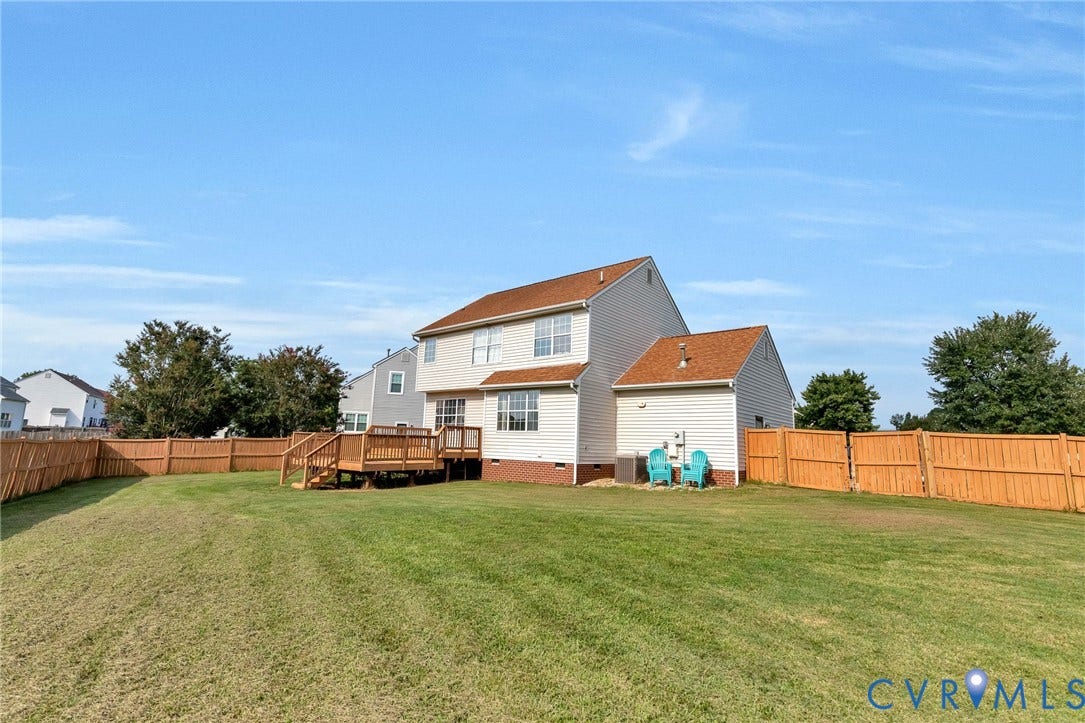 1601 Varina Station Court, Henrico, VA 23231 Expansive backyard featuring a manicured lawn, a full wood privacy fence, and a multi-level wood deck