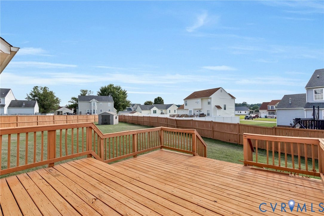 1601 Varina Station Court, Henrico, VA 23231 Expansive backyard featuring a wood deck, wood privacy fencing, and a storage shed