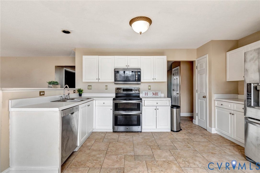 1601 Varina Station Court, Henrico, VA 23231 White cabinetry with brushed nickel hardware, stainless steel appliances, dual basin stainless steel sink, light-toned countertops, and tile flooring