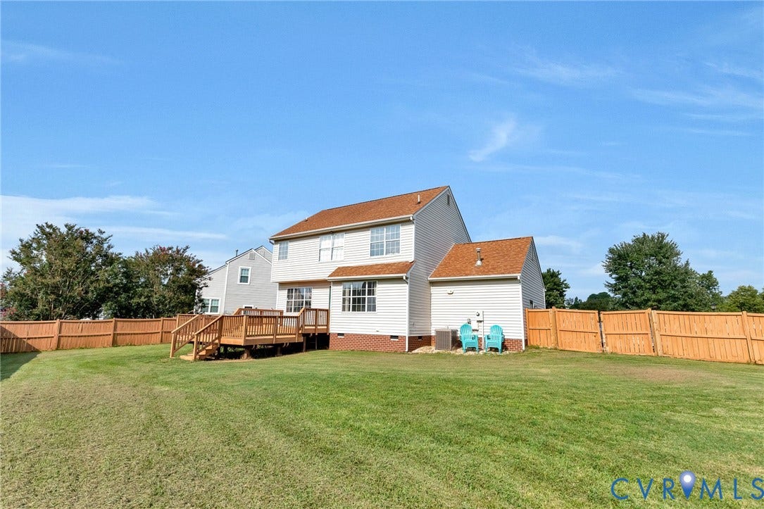 1601 Varina Station Court, Henrico, VA 23231 Expansive backyard with a manicured lawn, full wood privacy fencing, and a multi-level wood deck