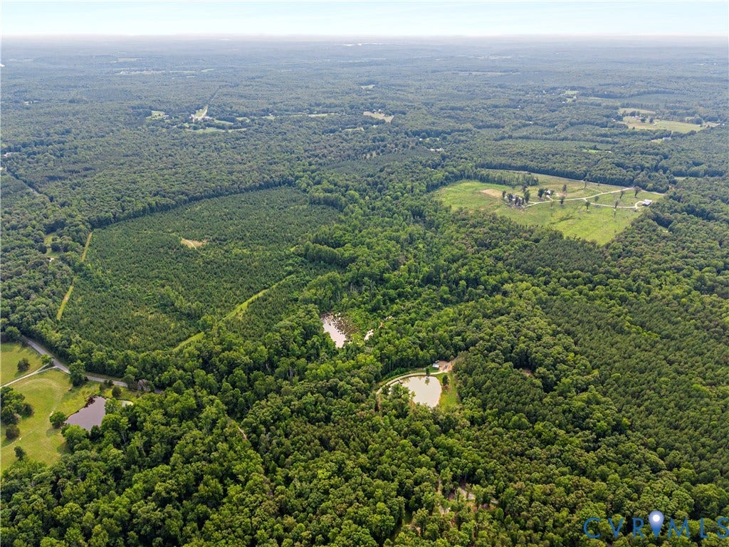 2590 Danieltown Road, Western Rural Goochland County, Goochland, VA 23063 Expansive wooded acreage featuring multiple clearings, two visible ponds, and a winding gravel road
