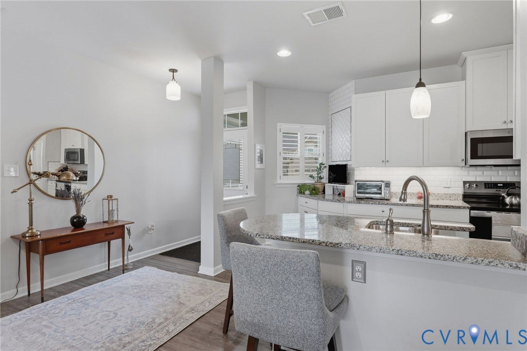 10653 Braden Parke Drive, Midlothian, VA 23832 Modern kitchen featuring white cabinetry, stainless steel appliances, a white subway tile backsplash, and granite countertops