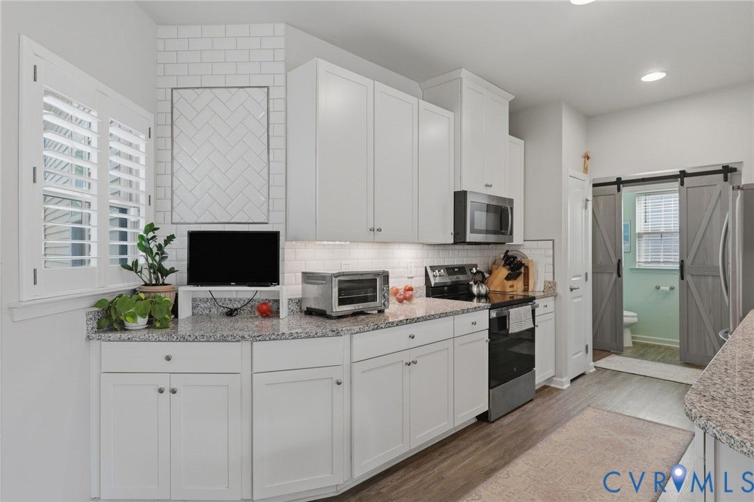 10653 Braden Parke Drive, Midlothian, VA 23832 Kitchen featuring white cabinetry, speckled countertops, stainless steel appliances, and a subway tile backsplash