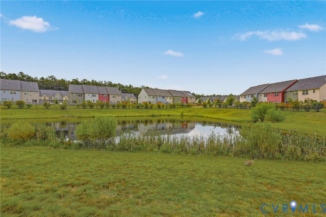 10653 Braden Parke Drive, Midlothian, VA 23832 Expansive green space featuring a pond with natural vegetation, bordered by residential properties
