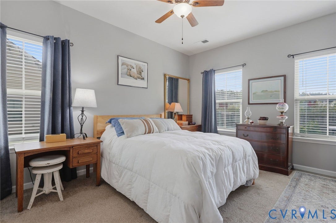 10653 Braden Parke Drive, Midlothian, VA 23832 Carpeted room featuring a ceiling fan with integrated lighting, multiple windows with blinds, and neutral wall tones