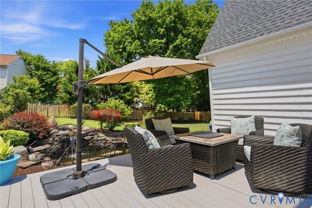 6212 Winsted Court, Wyndham, Glen Allen, VA 23059 Beautiful Fenced Back Yard with EZ to maintain decking and a koi pond, magically calming at the end of the day!