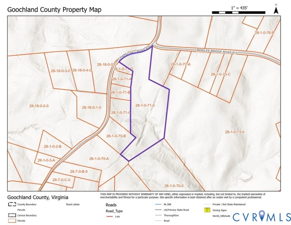 0 Riddles Bridge Road, Goochland, VA 23063 Goochland County Property Map. Displaying parcel boundaries and road classifications for the property