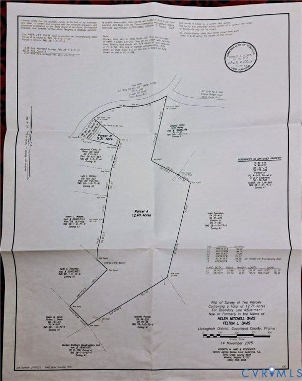 0 Riddles Bridge Road, Goochland, VA 23063 Plot Plan. Detailing the survey of the property, including parcel dimensions and associated information for the described area