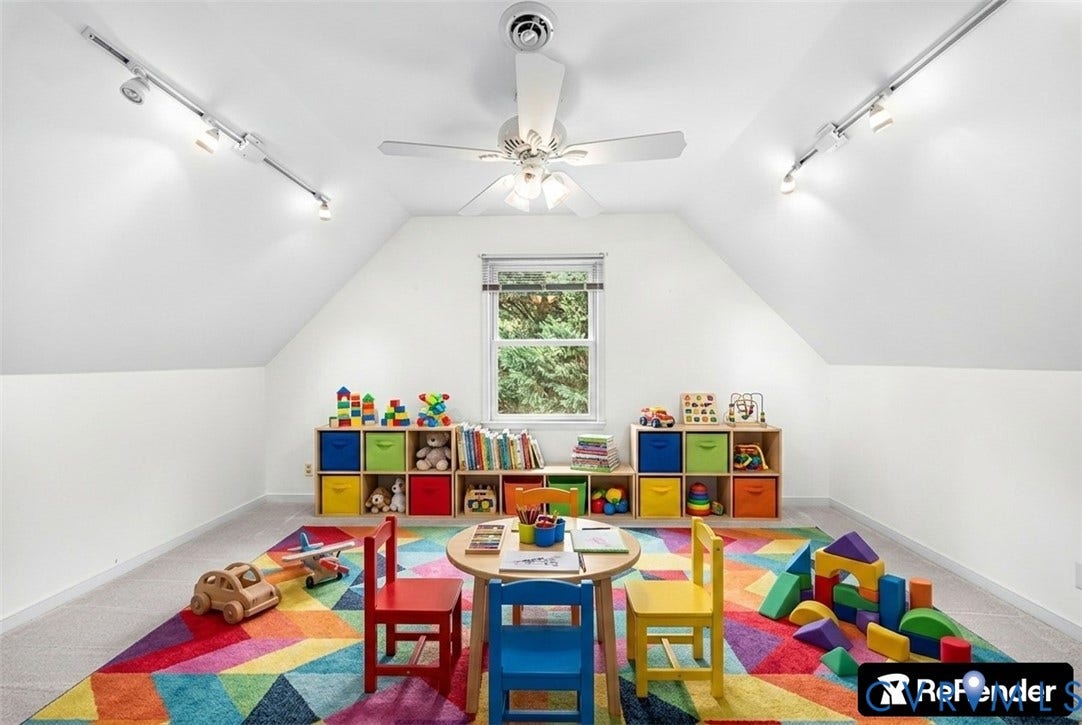Playroom in between the upstairs bedrooms. AI generated.