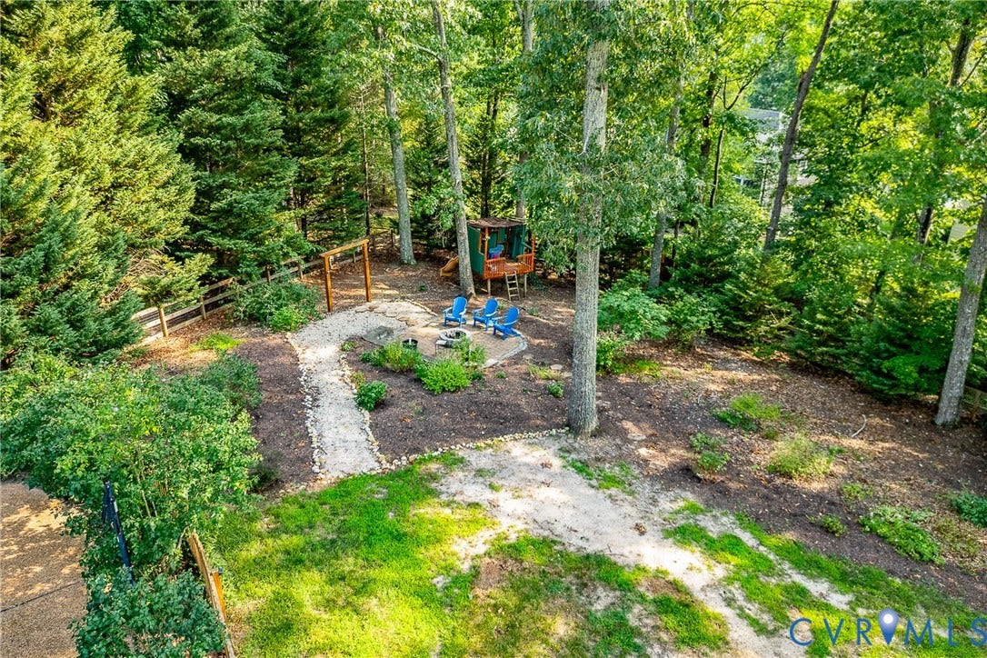 Fully Fenced Backyard with firepit area.