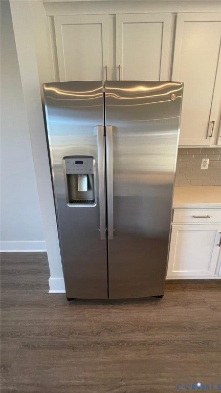 Interior details featuring white cabinets, dark hardwood / wood-style flooring, and stainless steel fridge with ice dispenser