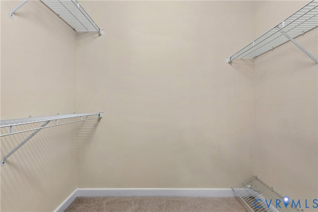 Walk-in closet featuring light beige walls and light brown carpet flooring