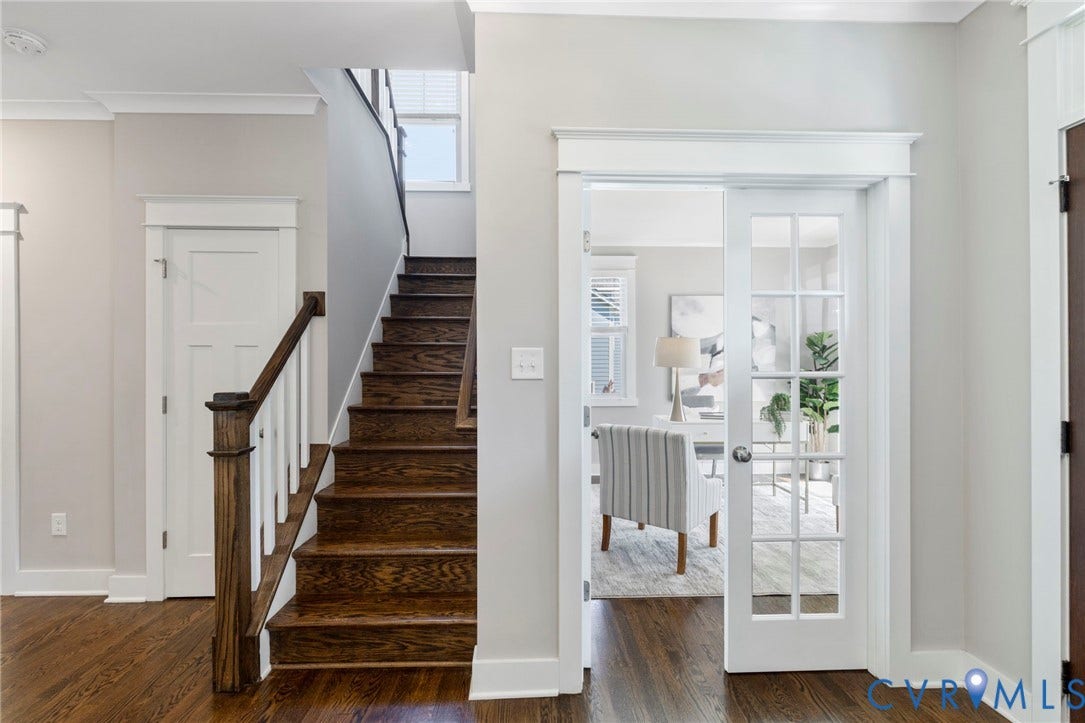 6984 Carden Park Drive, Moseley, VA 23120 Site finished harwood flooring, 10 lite divided, french doors, craftsman trim.
