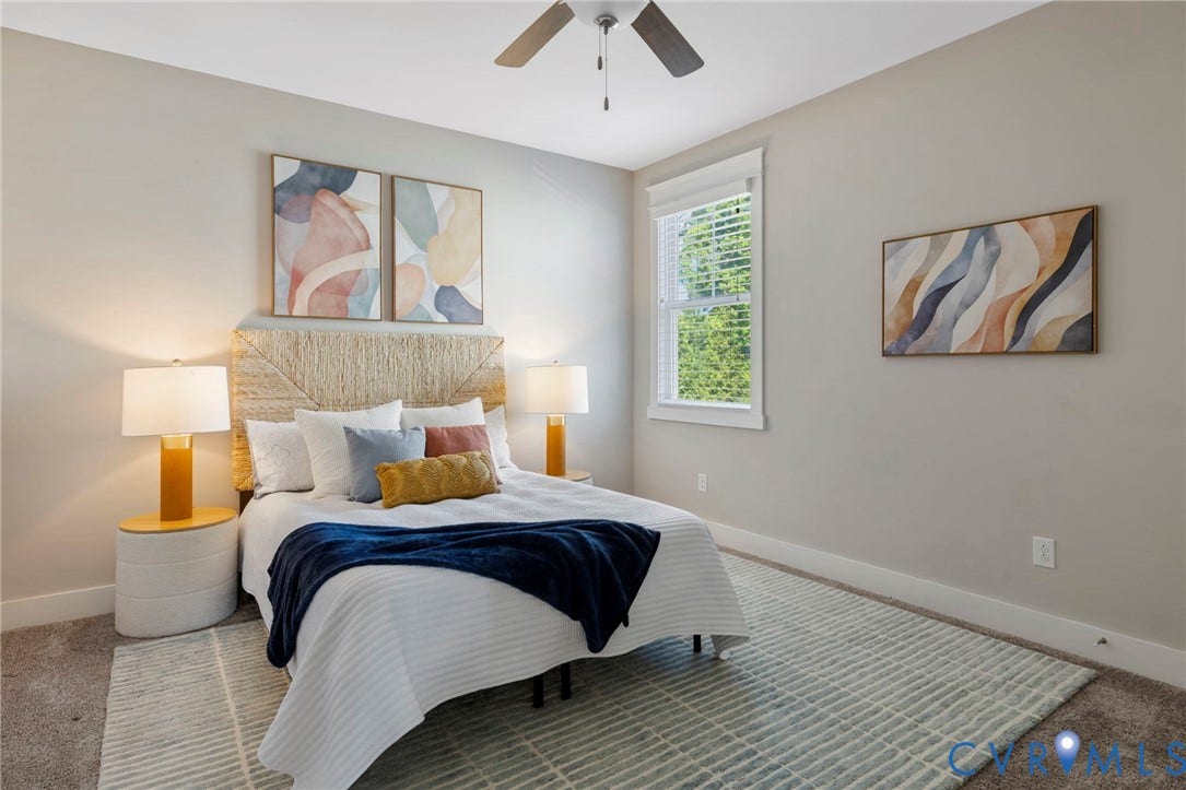 6984 Carden Park Drive, Moseley, VA 23120 Carpeted bedroom featuring a ceiling fan, a window with horizontal blinds, and neutral wall tones