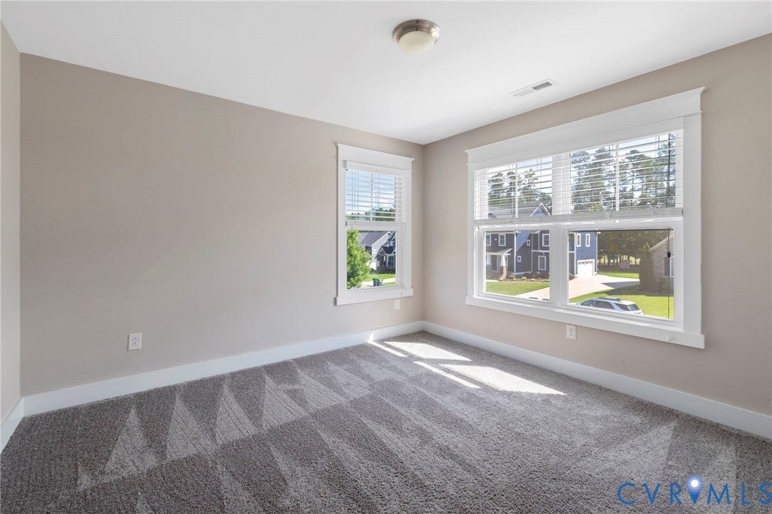 6984 Carden Park Drive, Moseley, VA 23120 Neutral-toned room featuring a large window with white blinds, a secondary window, soft gray carpeting, and white trim throughout