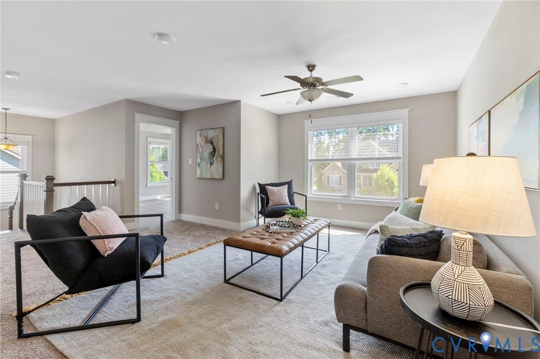 6984 Carden Park Drive, Moseley, VA 23120 Carpeted bonus room featuring neutral wall tones, white trim, a ceiling fan, and multiple windows