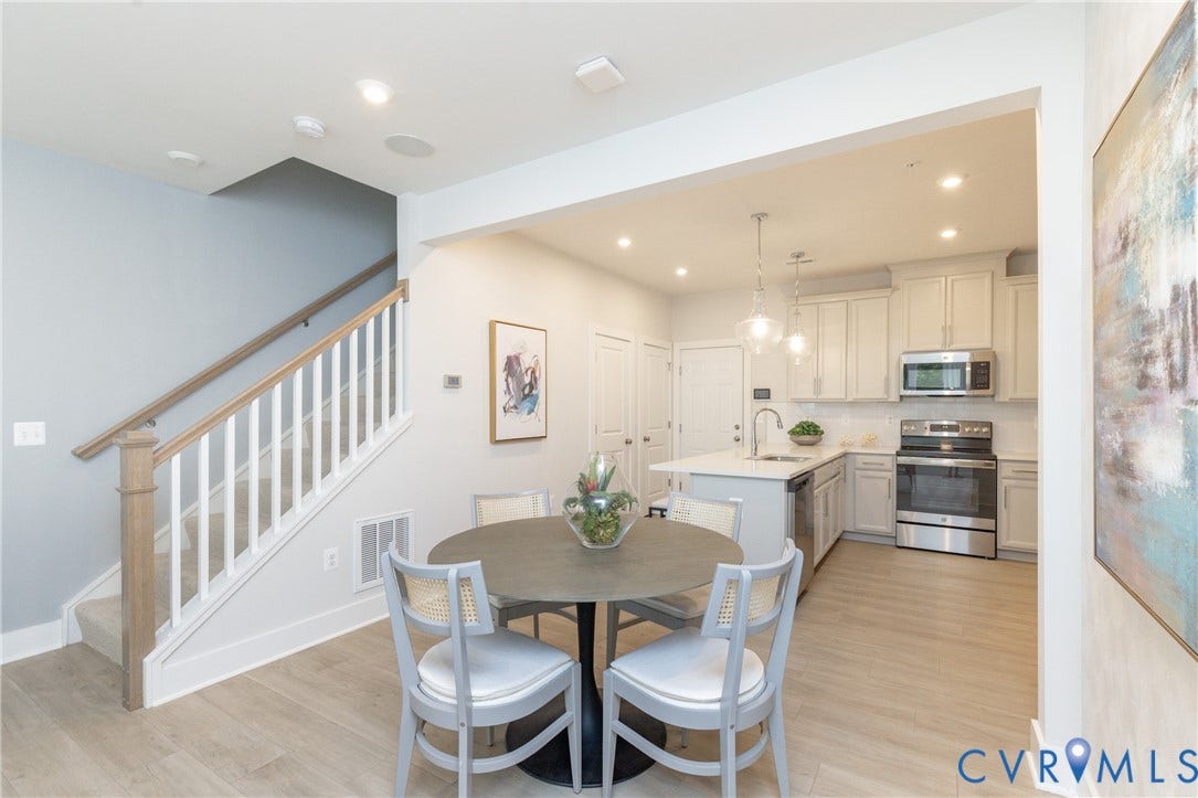 1041 N Lombardy Street, #A, Carver Square, Richmond, VA 23220 Open-concept kitchen, white cabinetry, stainless steel appliances, & a central island