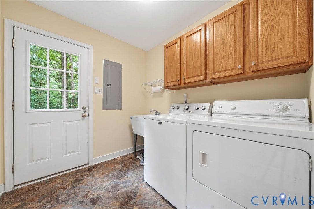 1902 Soldiers Lane, Crozier, VA 23039 Laundry room featuring wood-finish flooring, overhead cabinetry, and a utility sink