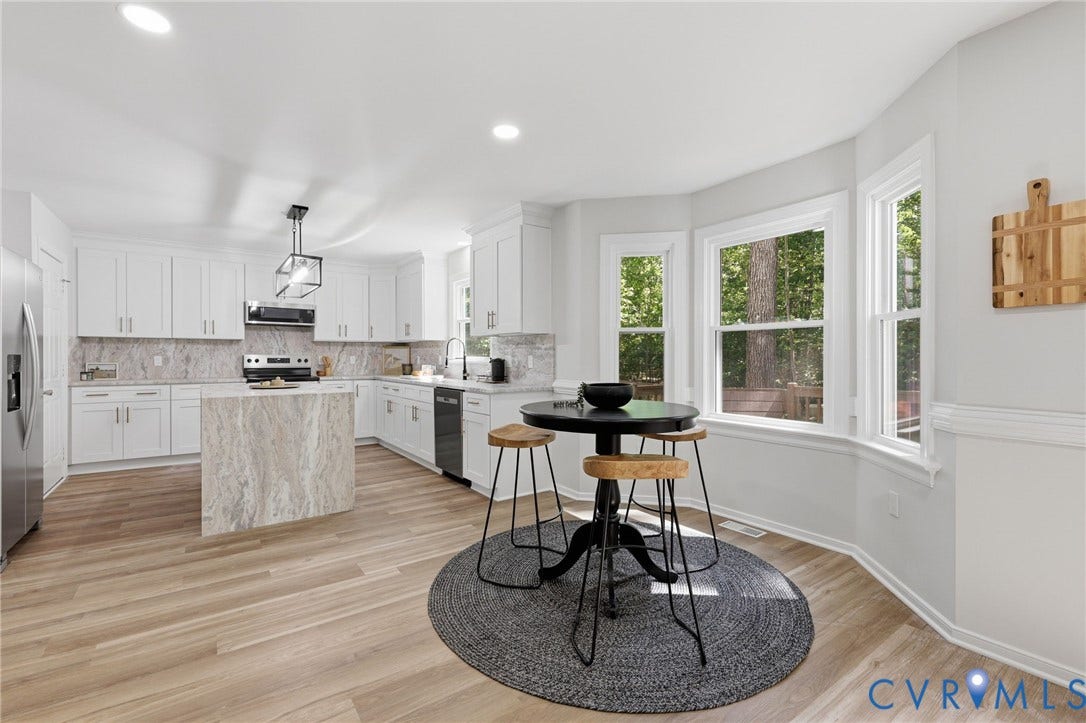 3457 Richards Run, Very Desirable!, Powhatan, VA 23139 Modern kitchen featuring white cabinetry, light-toned wood-finish flooring, and a central island with a waterfall countertop