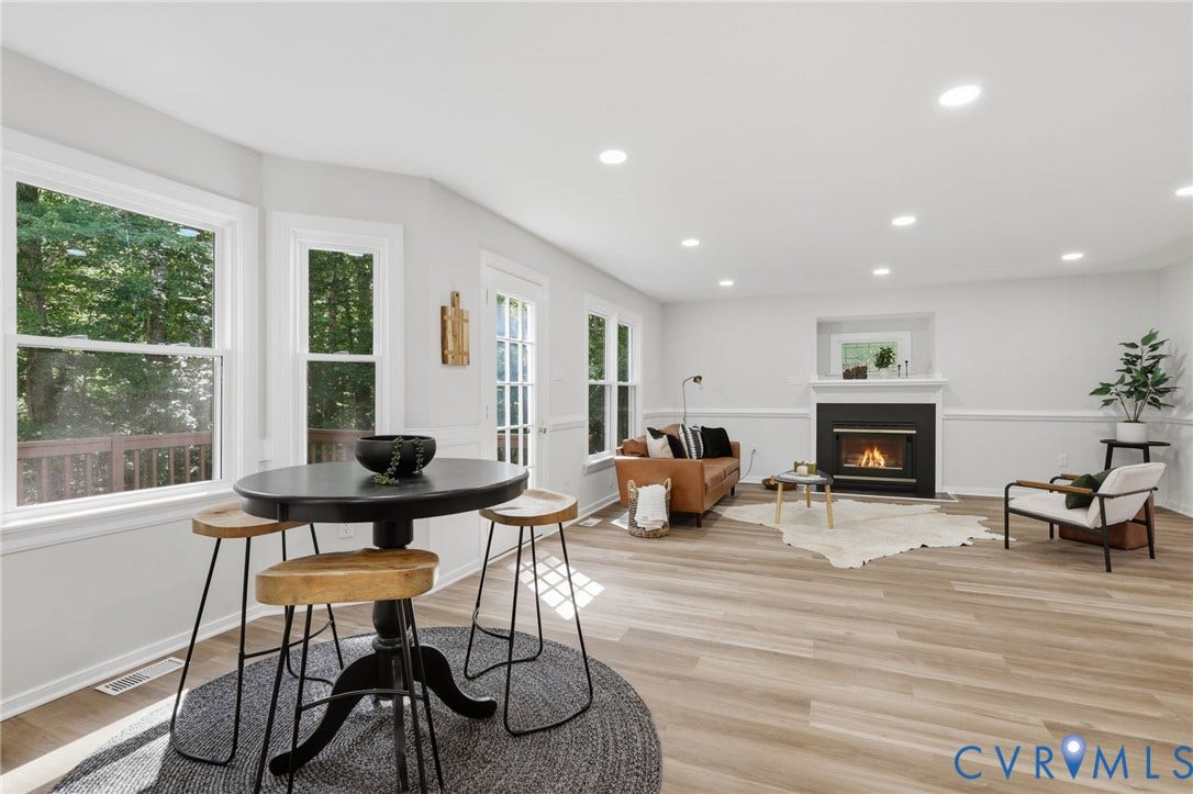 3457 Richards Run, Very Desirable!, Powhatan, VA 23139 Spacious living area featuring wood-finish flooring, recessed lighting, and a fireplace with a white mantel