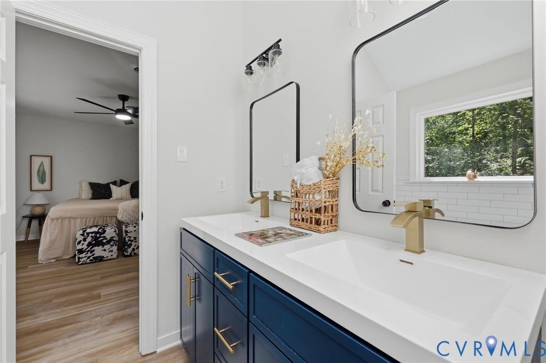3457 Richards Run, Very Desirable!, Powhatan, VA 23139 Double vanity featuring a white countertop, gold-finish fixtures, and blue cabinetry with gold-finish hardware