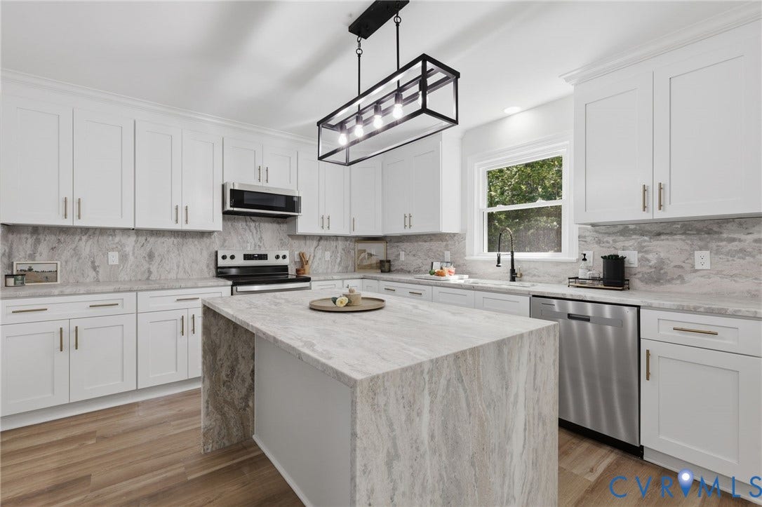 3457 Richards Run, Very Desirable!, Powhatan, VA 23139 Modern kitchen featuring a waterfall island with stone countertop, white shaker cabinetry, stainless steel appliances, and wood-finish flooring