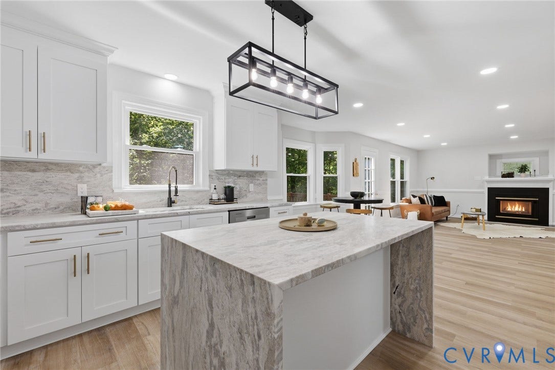 3457 Richards Run, Very Desirable!, Powhatan, VA 23139 Open-concept interior featuring a kitchen island with a waterfall countertop, white shaker cabinetry, stainless steel appliances, and wood-finish flooring