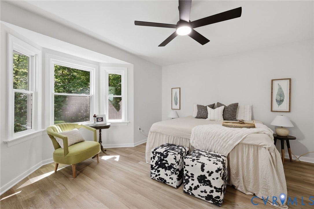 3457 Richards Run, Very Desirable!, Powhatan, VA 23139 Bright room featuring a bay window, wood-finish flooring, a contemporary ceiling fan with integrated lighting, clean white walls, and white trim