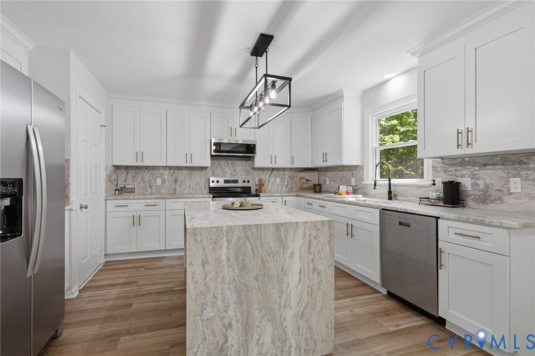 3457 Richards Run, Very Desirable!, Powhatan, VA 23139 Contemporary kitchen featuring white shaker cabinetry, stainless steel appliances, and wood-finish flooring