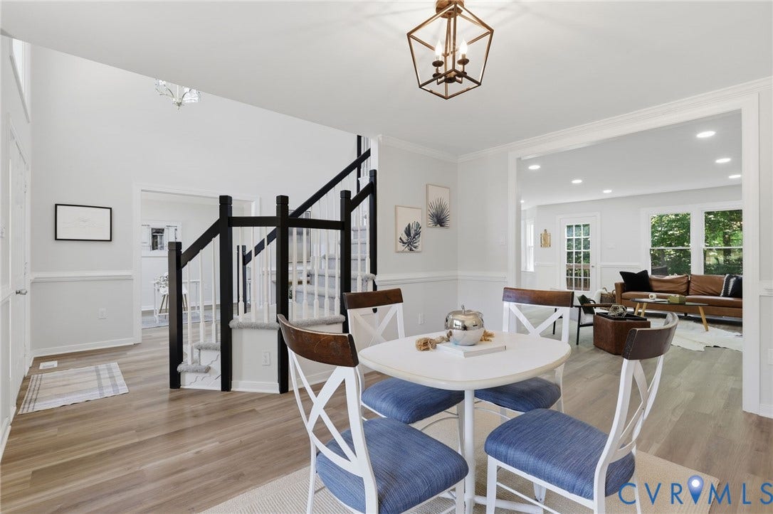 3457 Richards Run, Very Desirable!, Powhatan, VA 23139 Bright dining area featuring wood-finish flooring and a contemporary chandelier
