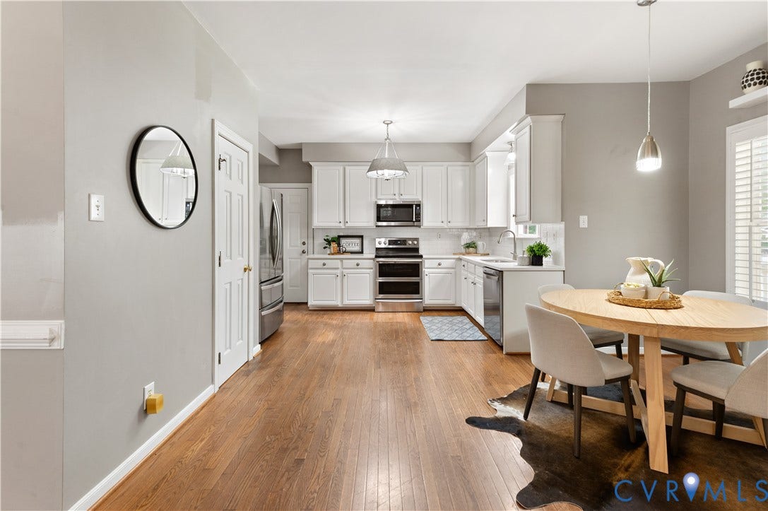 5117 Hart Mill Drive, Glen Allen, VA 23060 Open-concept kitchen featuring white cabinetry, stainless steel appliances, and wood-finish flooring