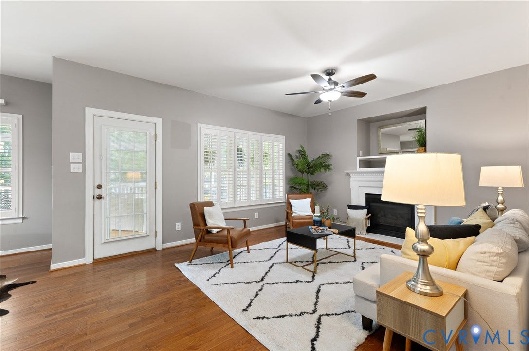 5117 Hart Mill Drive, Glen Allen, VA 23060 Living area featuring wood-finish flooring, a white mantel fireplace, and a ceiling fan with integrated lighting