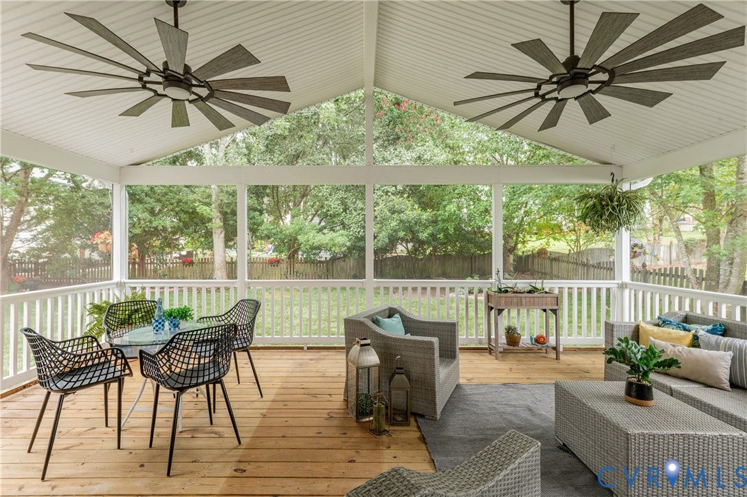 5117 Hart Mill Drive, Glen Allen, VA 23060 Screened-in porch featuring a vaulted ceiling and dual large-blade ceiling fans