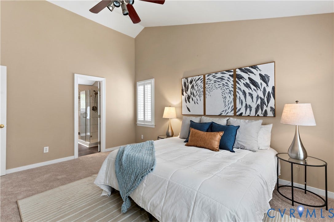 5117 Hart Mill Drive, Glen Allen, VA 23060 Vaulted ceiling bedroom featuring carpeting, a ceiling fan with light, and a window with plantation shutters