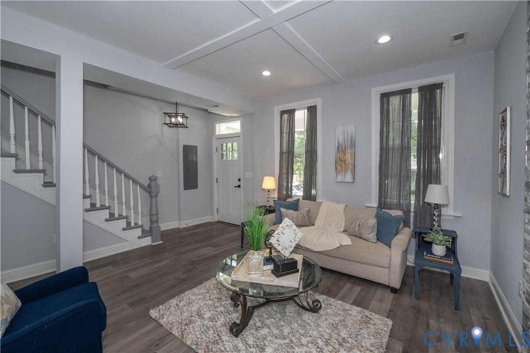 1209 N 22nd Street, Church Hill, Richmond, VA 23223 Spacious living area featuring wood-finish flooring, recessed lighting, and a coffered ceiling