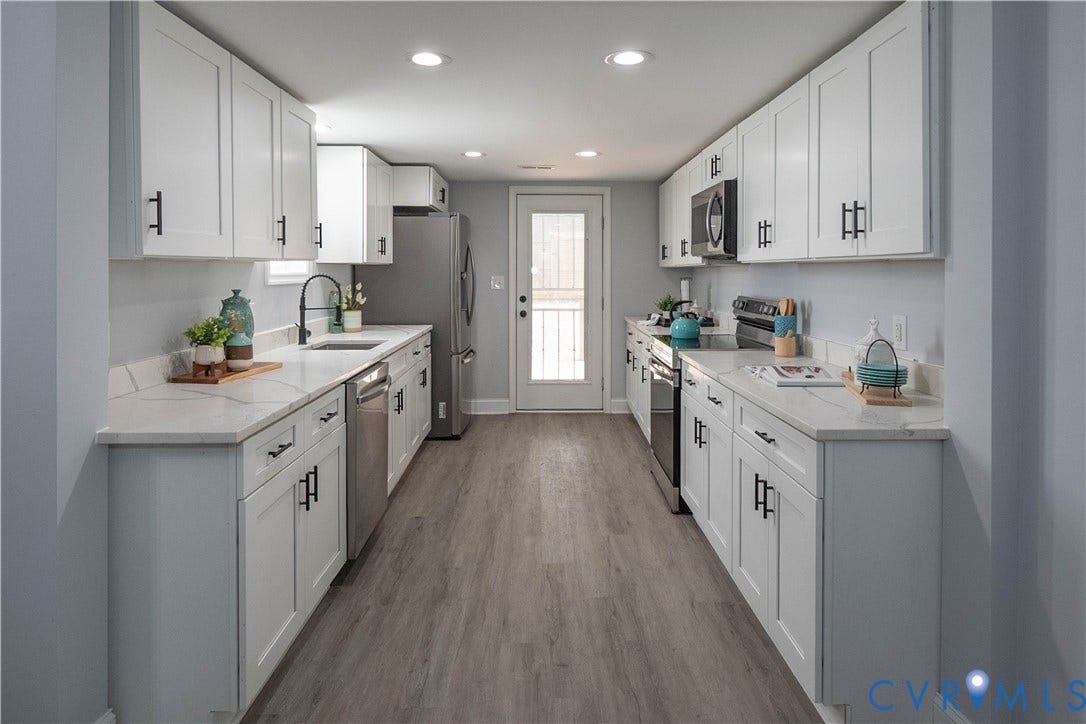 1209 N 22nd Street, Church Hill, Richmond, VA 23223 Galley kitchen featuring white shaker cabinetry, light-toned countertops, stainless steel appliances, wood-finish flooring, and recessed lighting