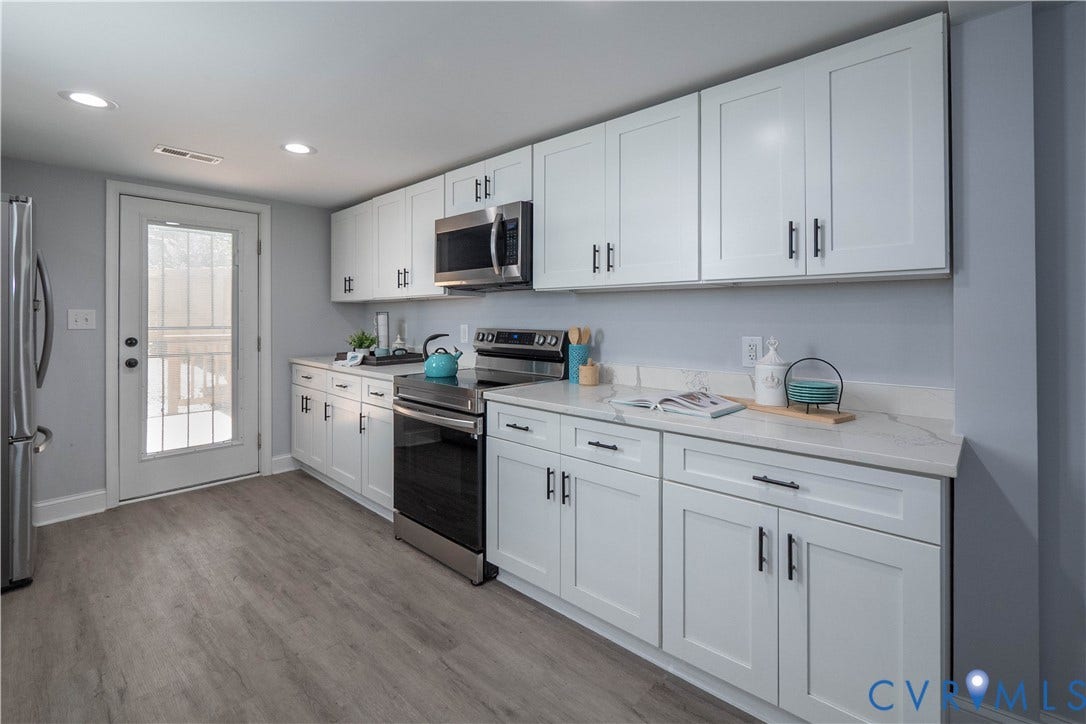 1209 N 22nd Street, Church Hill, Richmond, VA 23223 Kitchen featuring white shaker-style cabinetry, stainless steel appliances, light-toned countertops with a matching backsplash, and wood-finish flooring