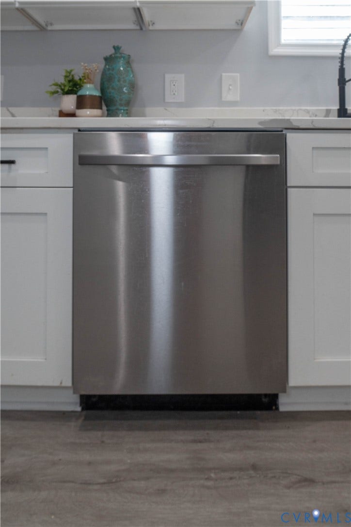 1209 N 22nd Street, Church Hill, Richmond, VA 23223 Stainless steel dishwasher integrated into white shaker-style cabinetry with a light-colored countertop