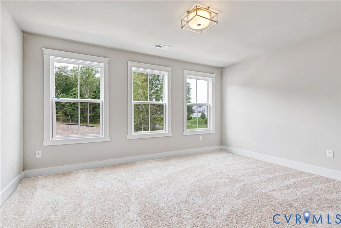 11101 Somerset Hill Drive, Somerset Hills, Glen Allen, VA 23059 Three double-hung windows with white trim, light neutral-toned walls, cream-colored carpet, and a flush-mount ceiling fixture
