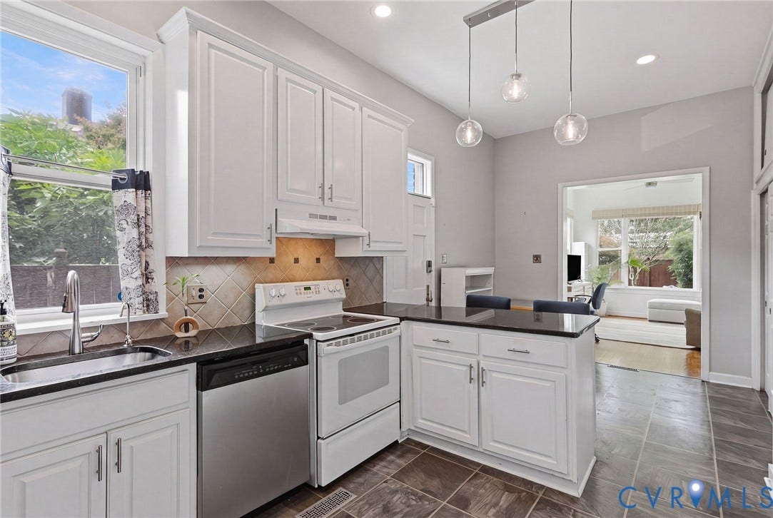 404 N Shields Avenue, Richmond, VA 23220 Kitchen featuring white cabinetry, dark countertops, stainless steel sink, tile backsplash, and dark tile flooring