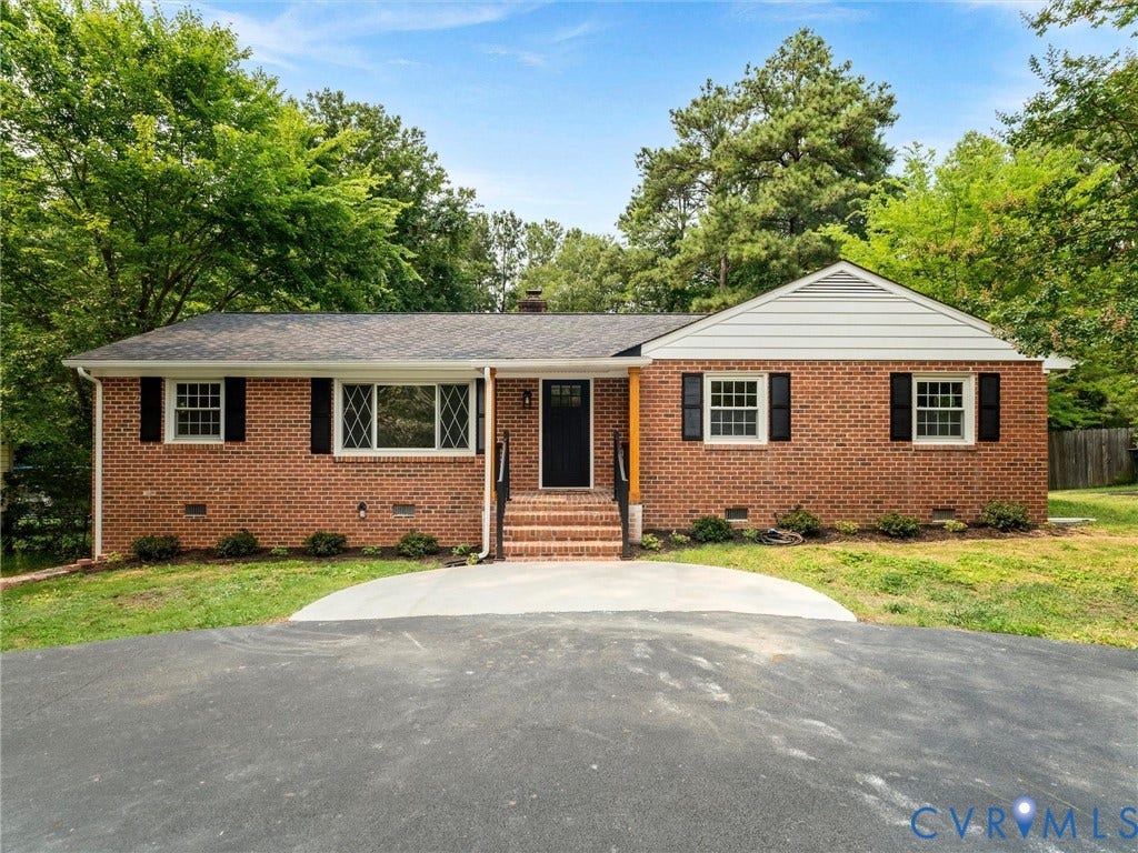 10400 Claybar Trail, Chesterfield, VA 23236 Brick ranch home featuring a gabled roofline and an asphalt driveway